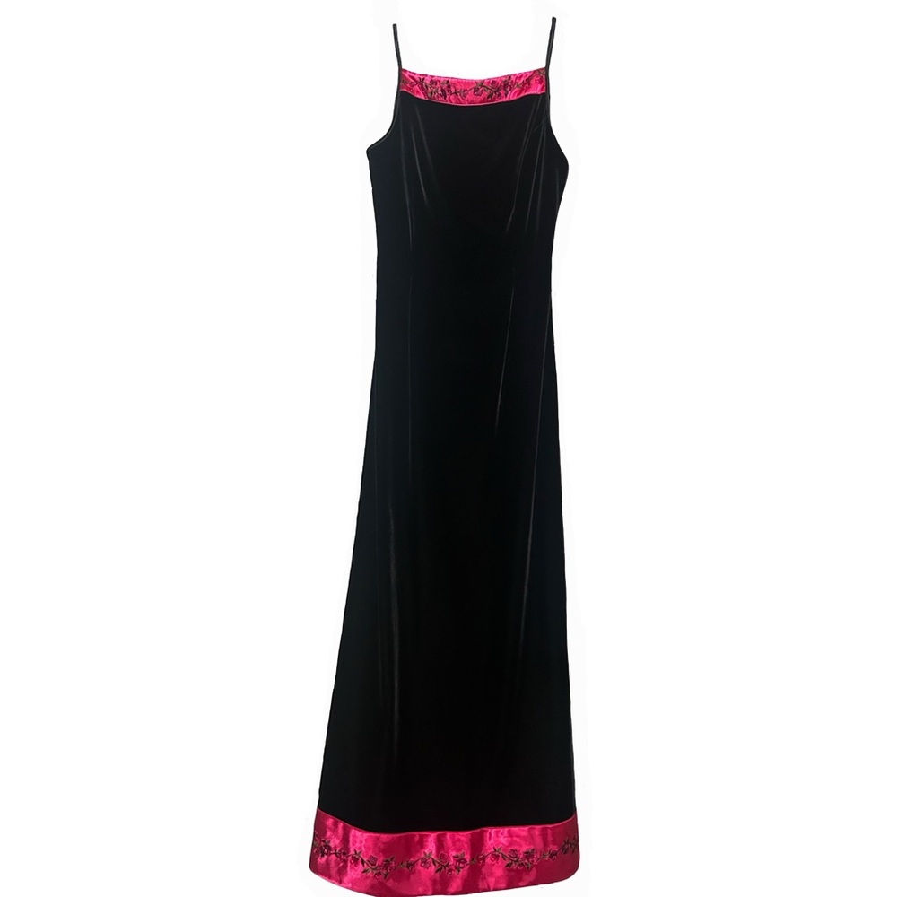 Black Velvet A Line Pink Trim Maxi Dress